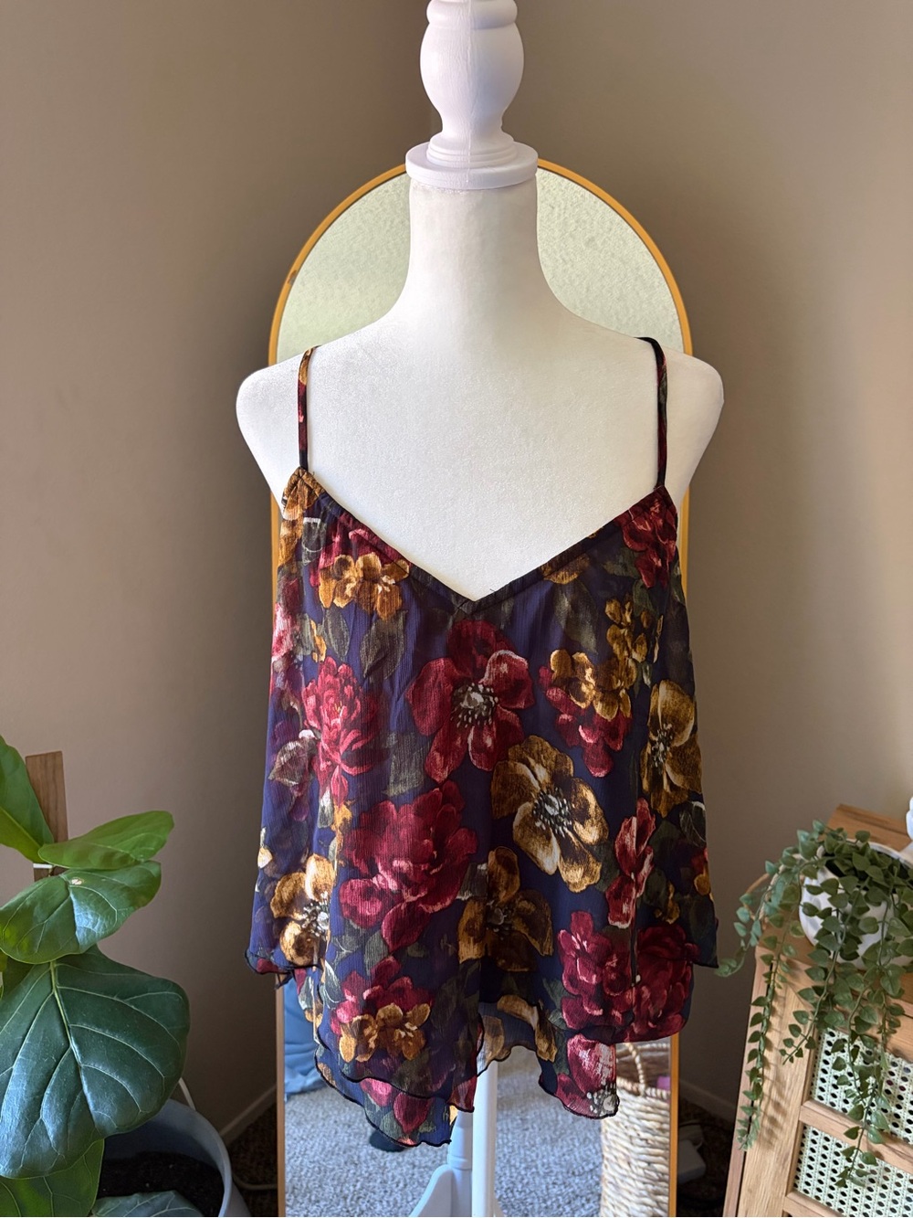 Abercrombie Floral V-Neck Spaghetti Strap Cami Tank - Burgundy & Gold
